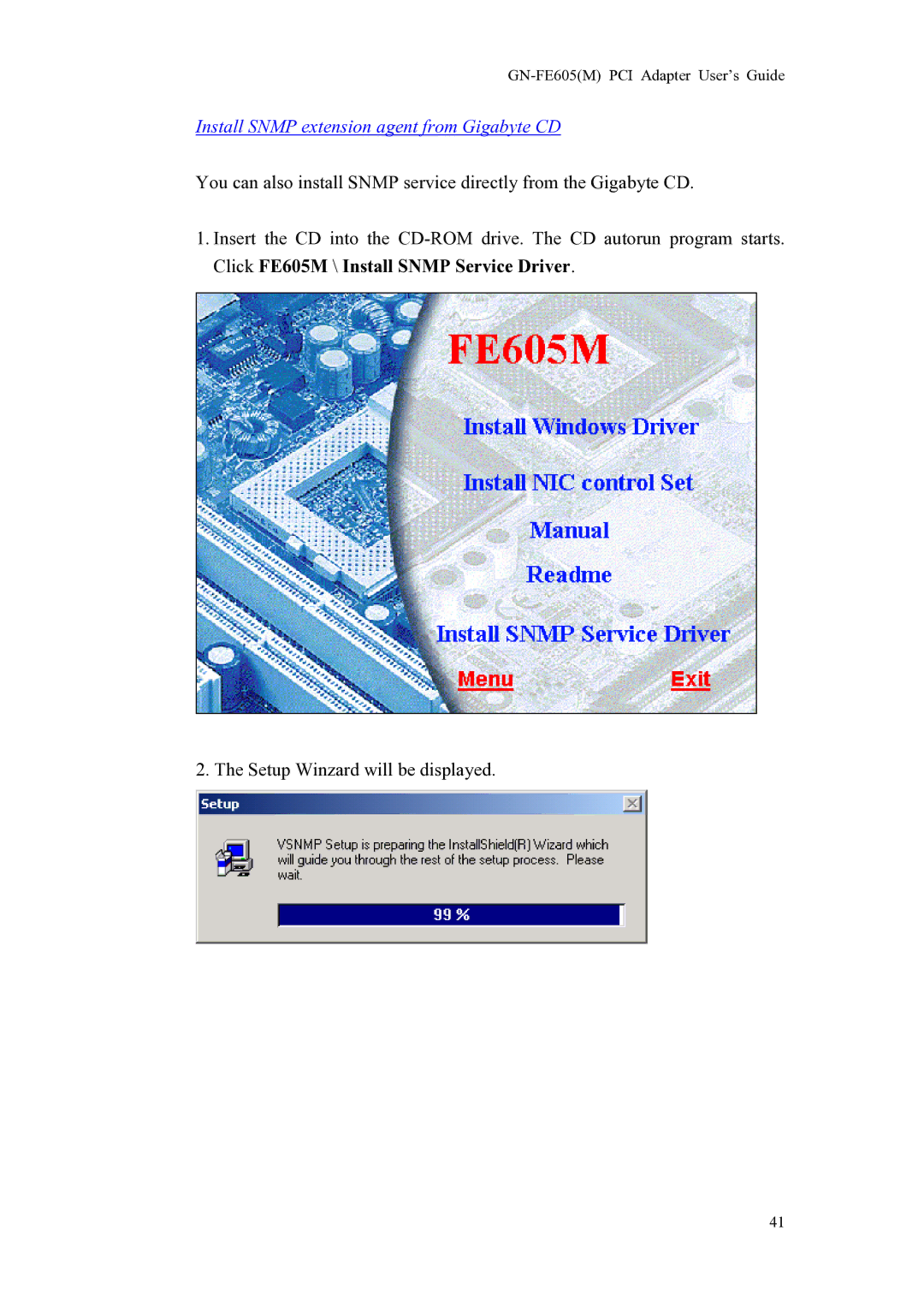 Gigabyte GN-FE605(M) manual Install Snmp extension agent from Gigabyte CD 