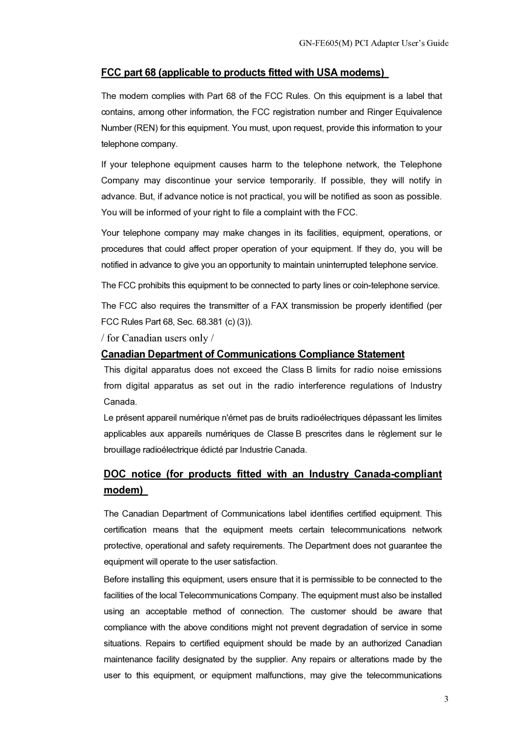 Gigabyte GN-FE605(M) manual FCC part 68 applicable to products fitted with USA modems 