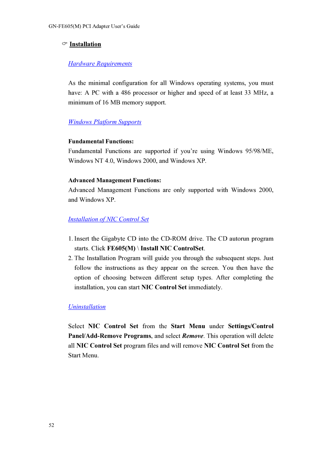 Gigabyte GN-FE605(M) Hardware Requirements, Windows Platform Supports, Installation of NIC Control Set, Uninstallation 