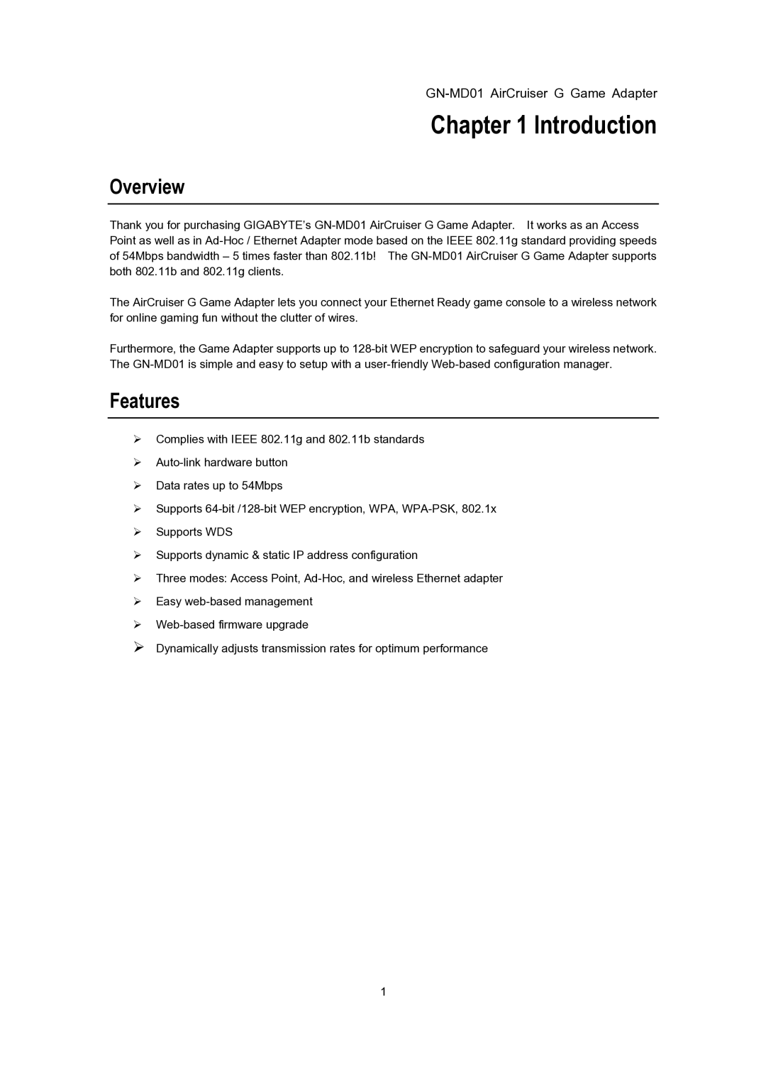 Gigabyte GN-MD01 user manual Overview, Features 