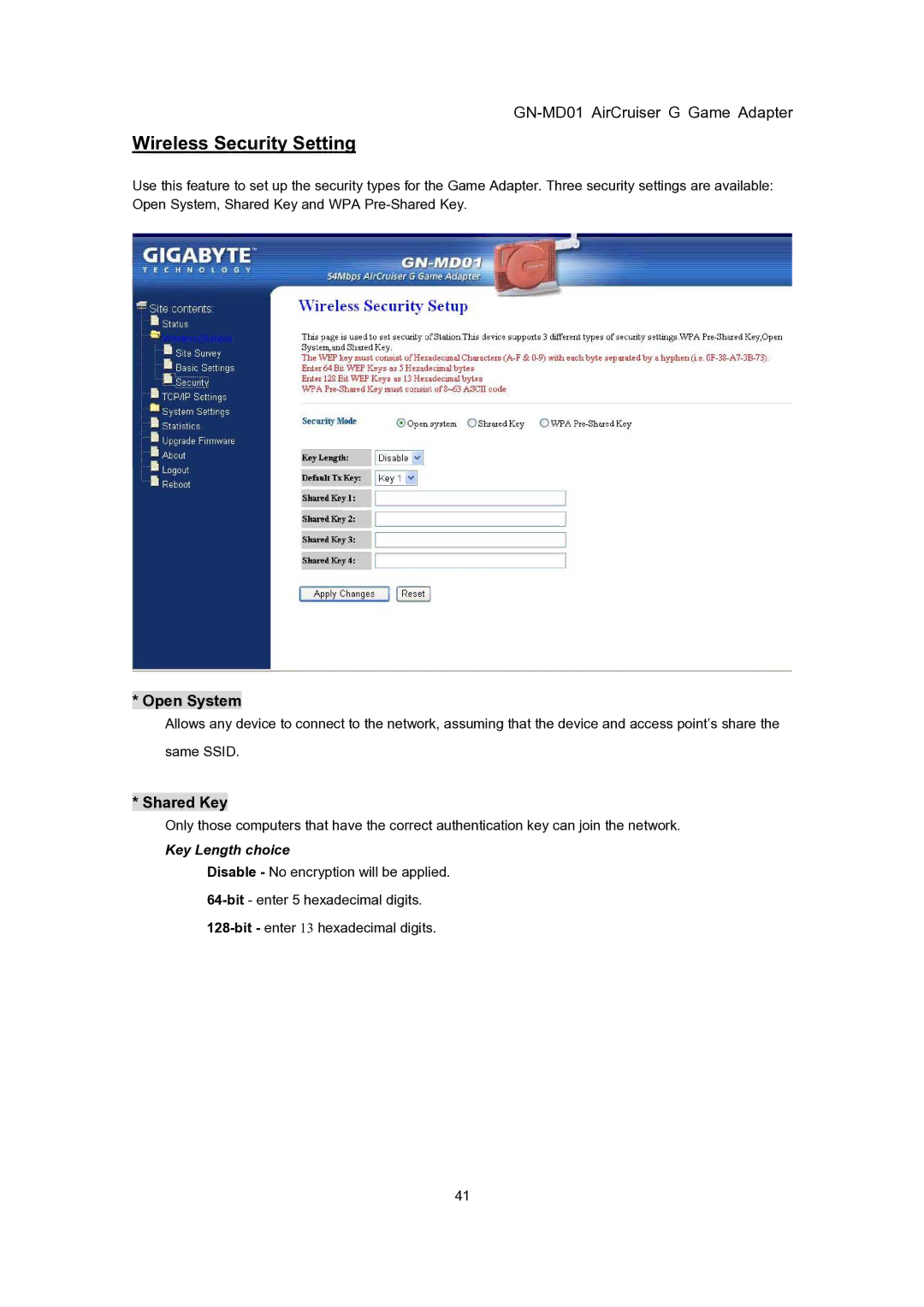 Gigabyte GN-MD01 user manual Wireless Security Setting 