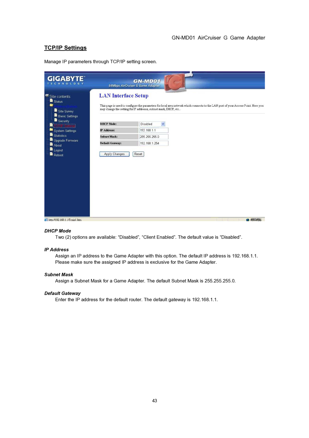 Gigabyte GN-MD01 user manual TCP/IP Settings 