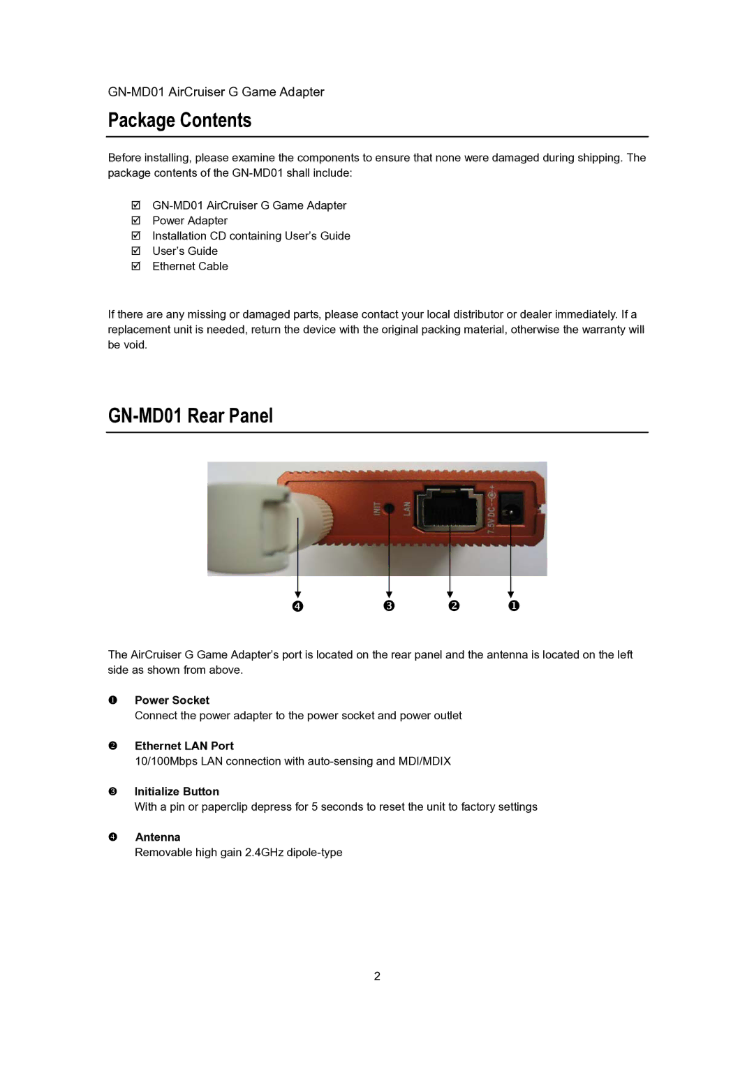 Gigabyte user manual Package Contents, GN-MD01 Rear Panel 