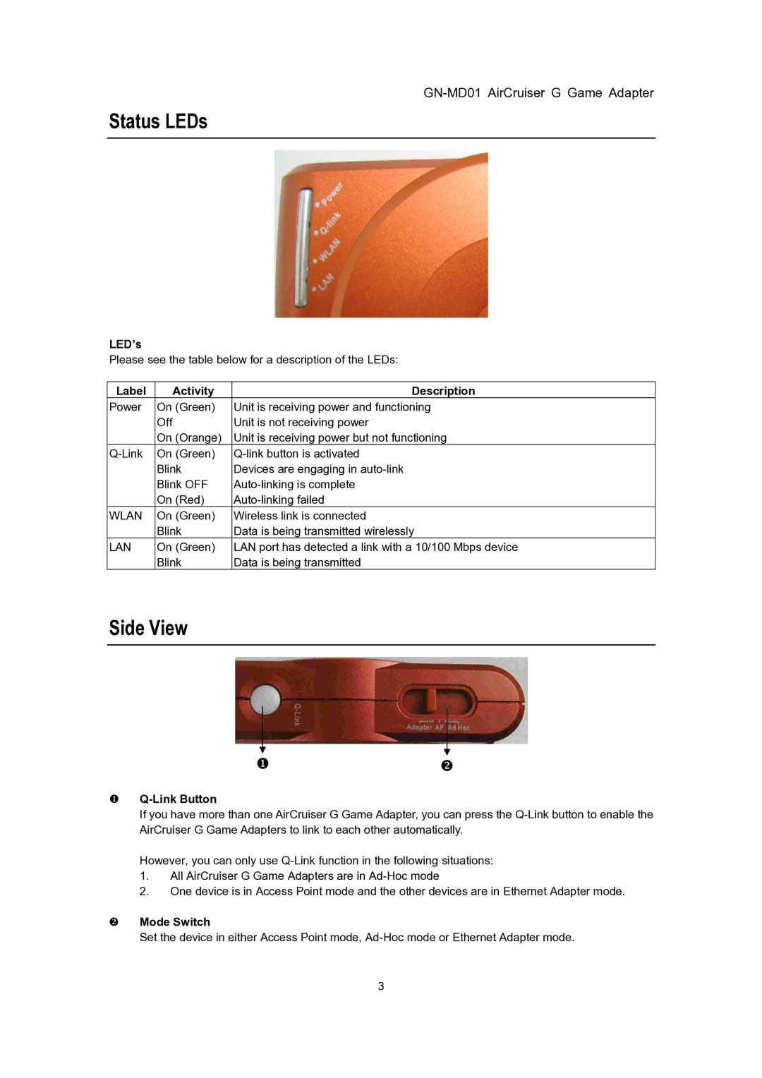 Gigabyte GN-MD01 user manual Status LEDs, Side View 