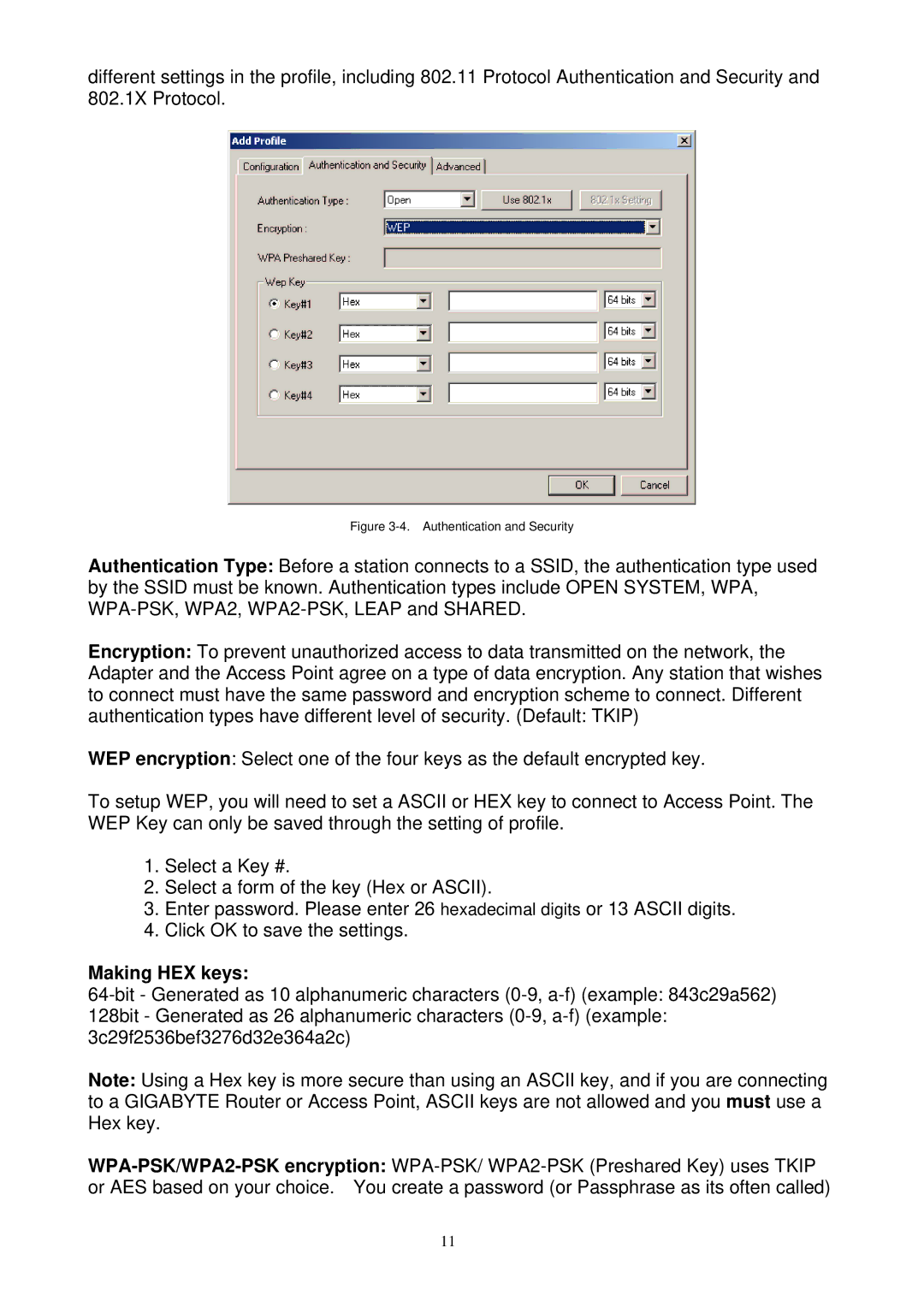 Gigabyte GN-WB01GS user manual Making HEX keys, Authentication and Security 