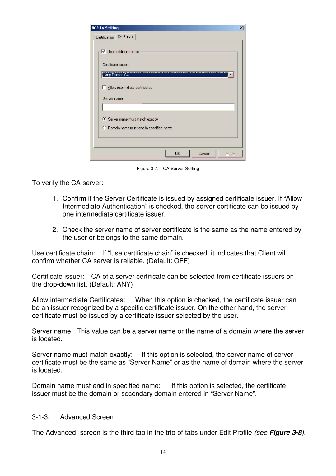 Gigabyte GN-WB01GS user manual Advanced Screen, CA Server Setting 