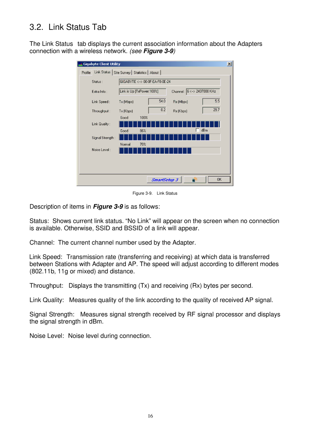 Gigabyte GN-WB01GS user manual Link Status Tab 