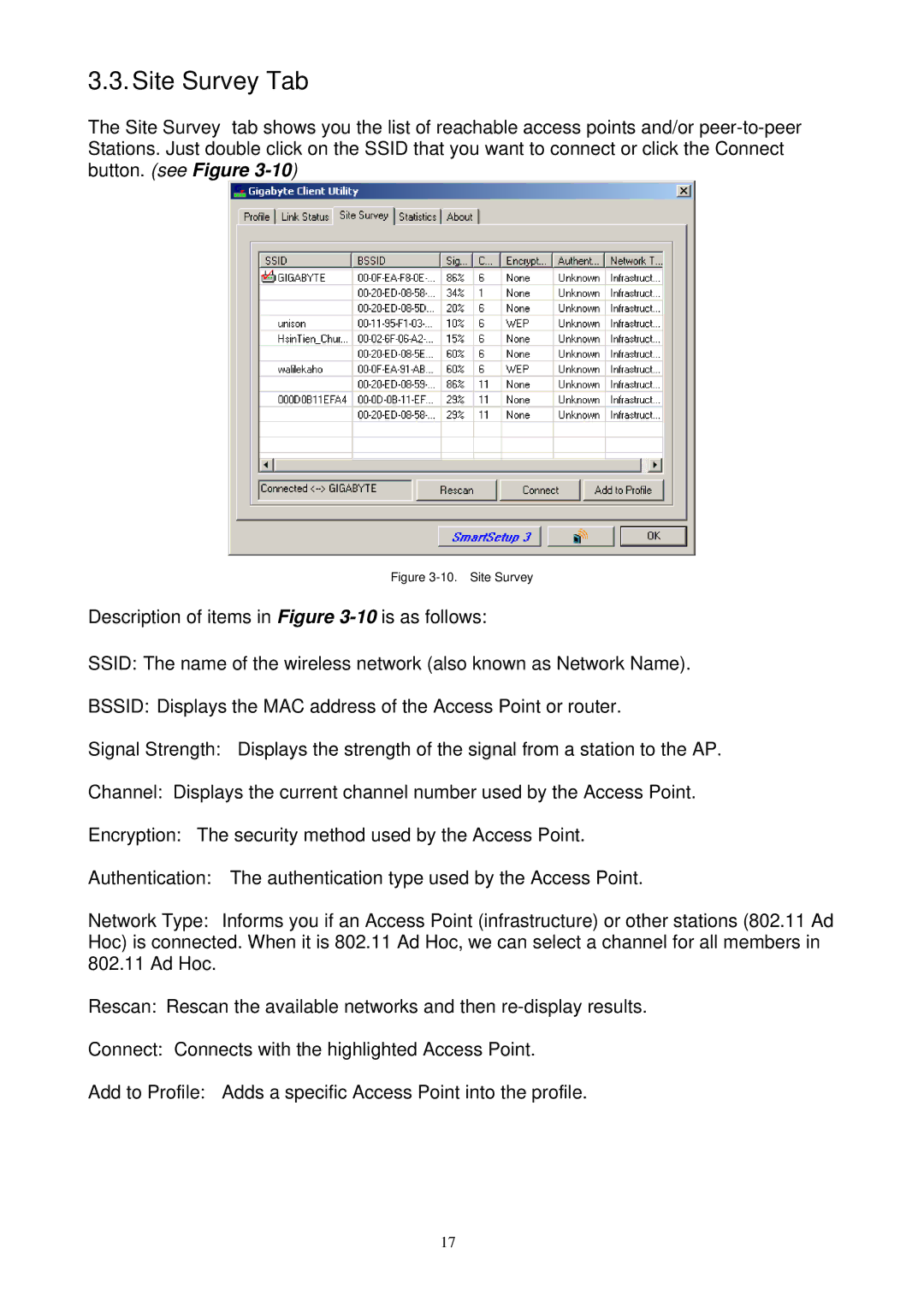 Gigabyte GN-WB01GS user manual Site Survey Tab 