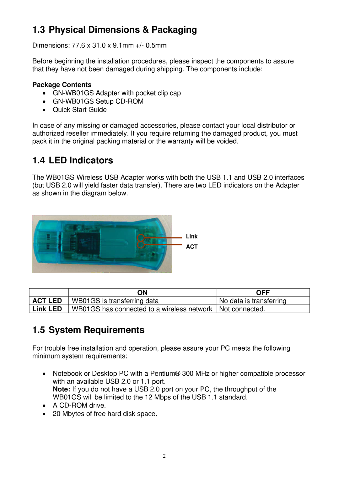 Gigabyte GN-WB01GS user manual Physical Dimensions & Packaging, LED Indicators, System Requirements, Package Contents 