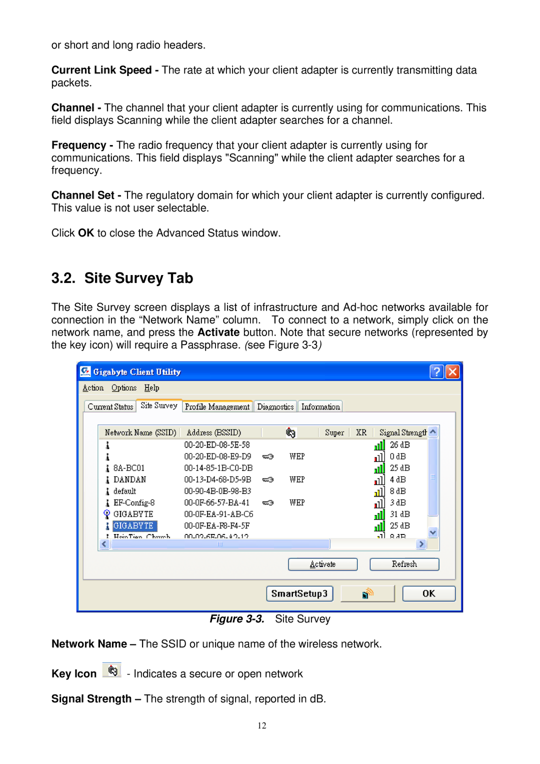 Gigabyte GN-WM01GT user manual Site Survey Tab 