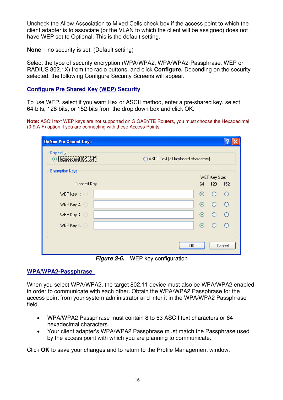 Gigabyte GN-WM01GT user manual Configure Pre Shared Key WEP Security, WPA/WPA2-Passphrase 