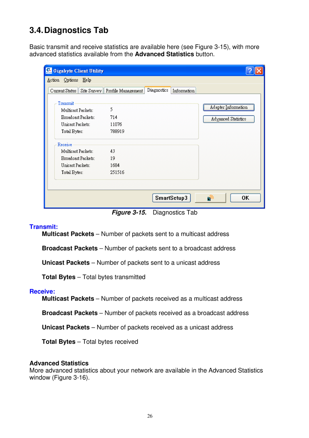 Gigabyte GN-WM01GT user manual Diagnostics Tab, Advanced Statistics 