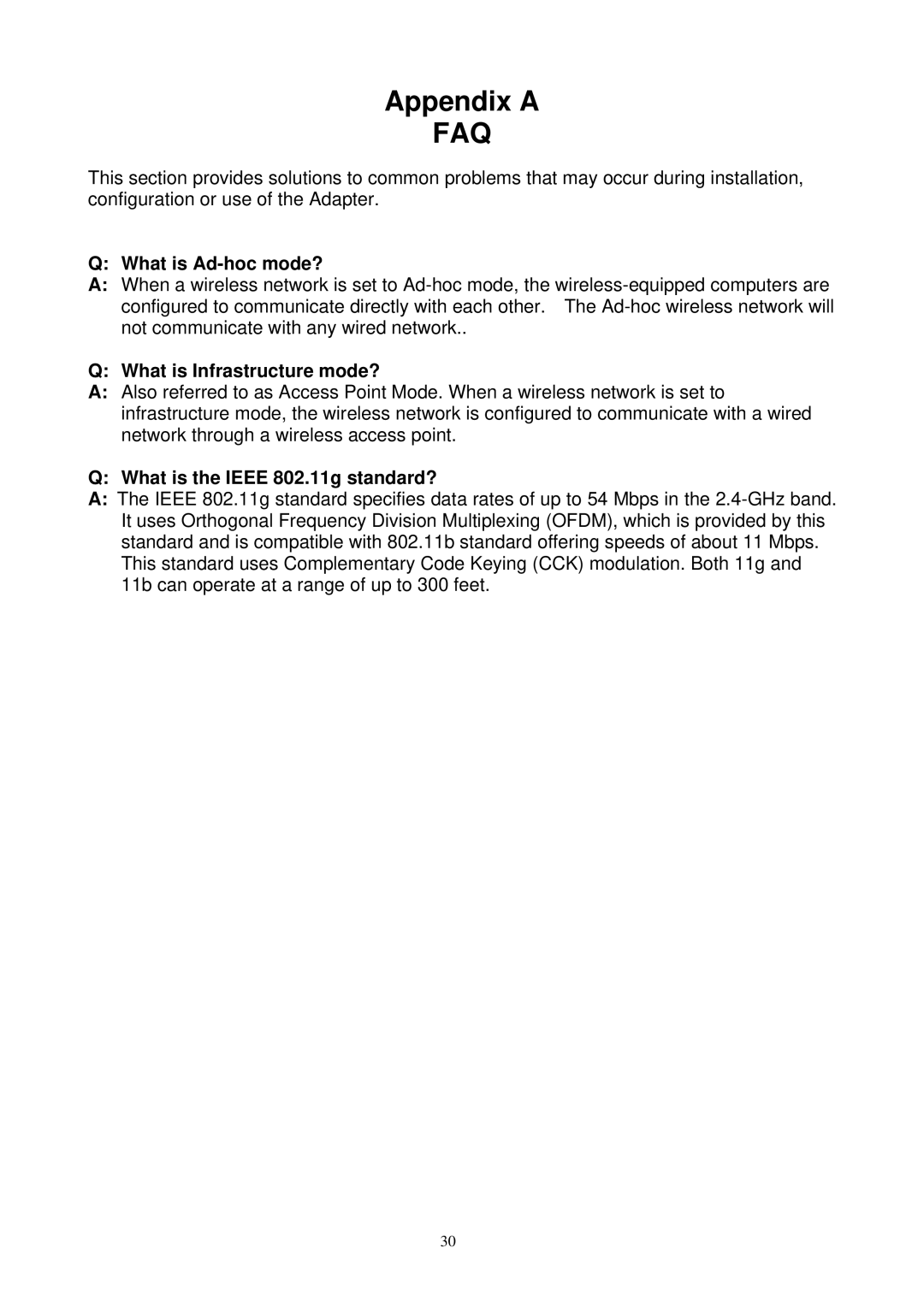 Gigabyte GN-WM01GT Appendix a, What is Ad-hoc mode?, What is Infrastructure mode?, What is the Ieee 802.11g standard? 