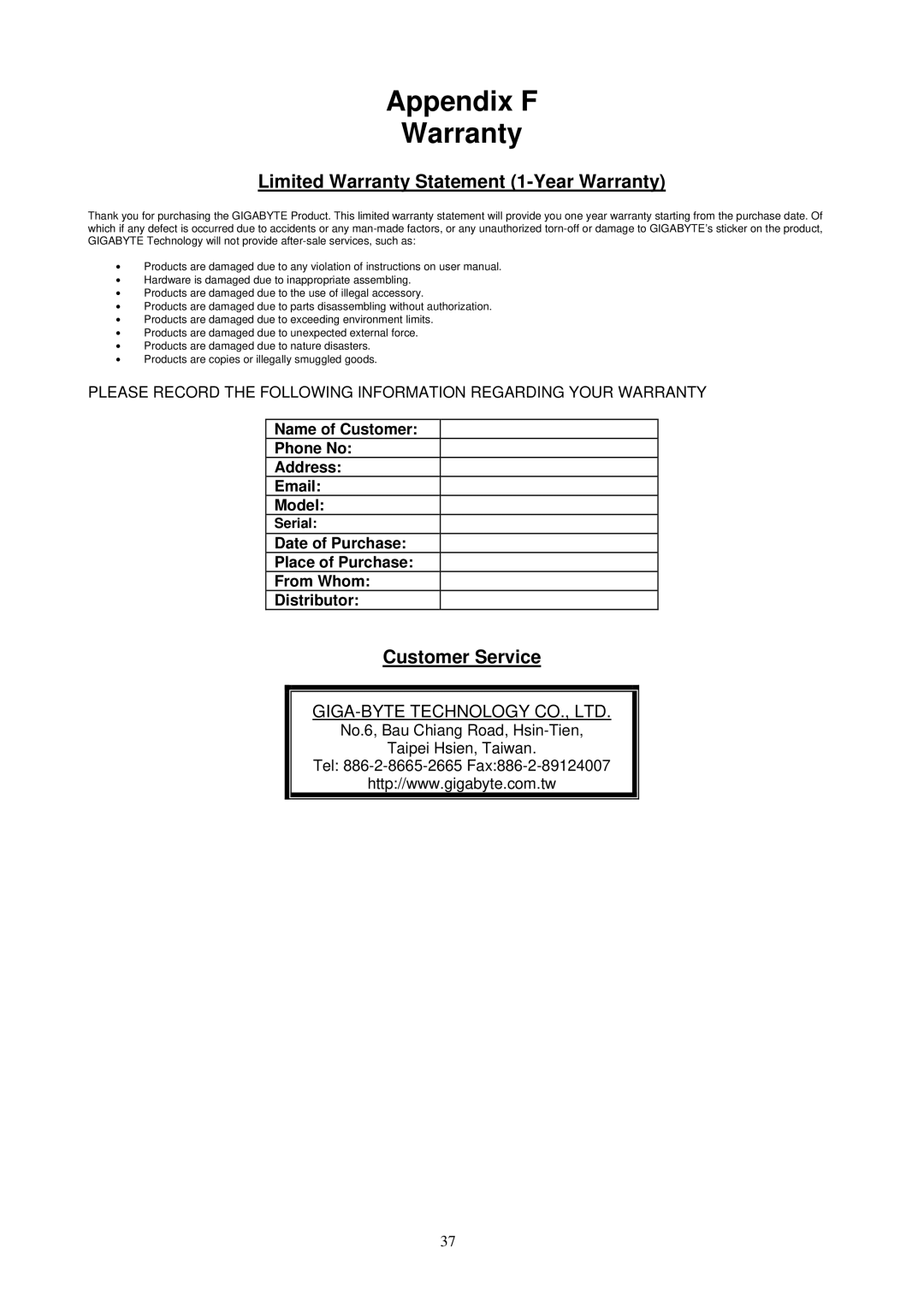 Gigabyte GN-WM01GT user manual Appendix F Warranty, Limited Warranty Statement 1-Year Warranty, Customer Service 