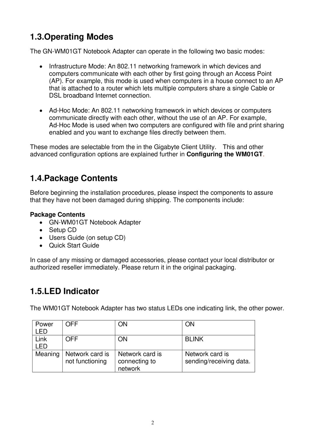 Gigabyte GN-WM01GT user manual Operating Modes, Package Contents, LED Indicator 