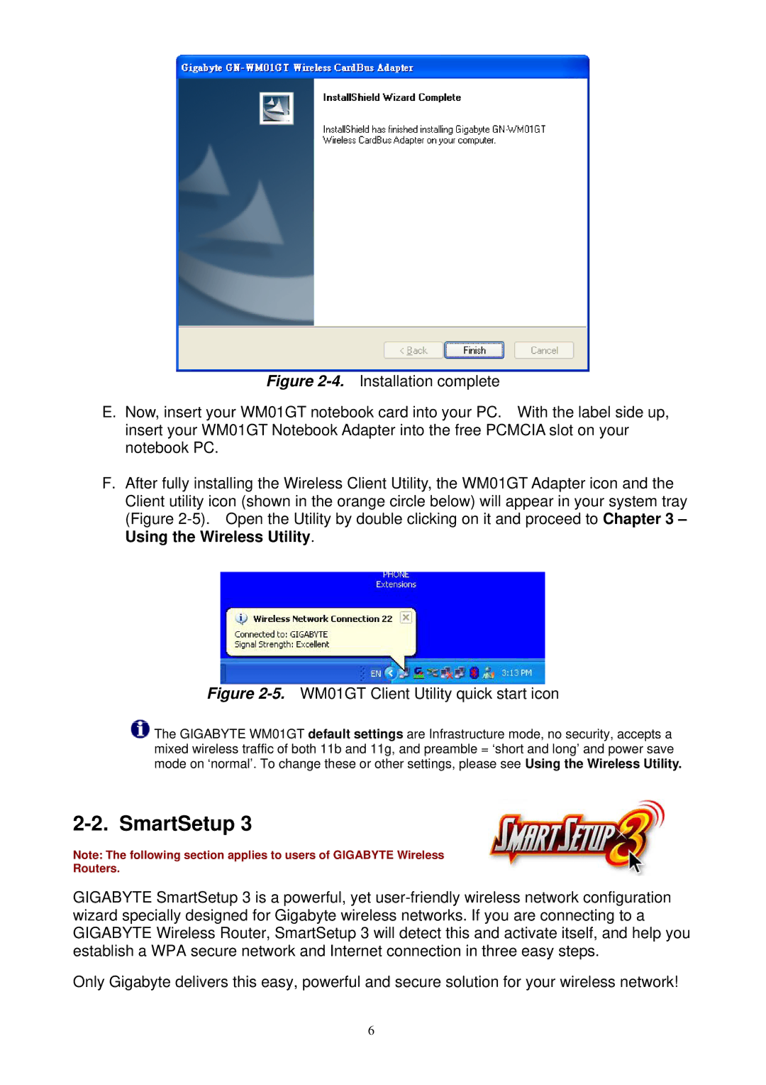 Gigabyte GN-WM01GT user manual SmartSetup, WM01GT Client Utility quick start icon 