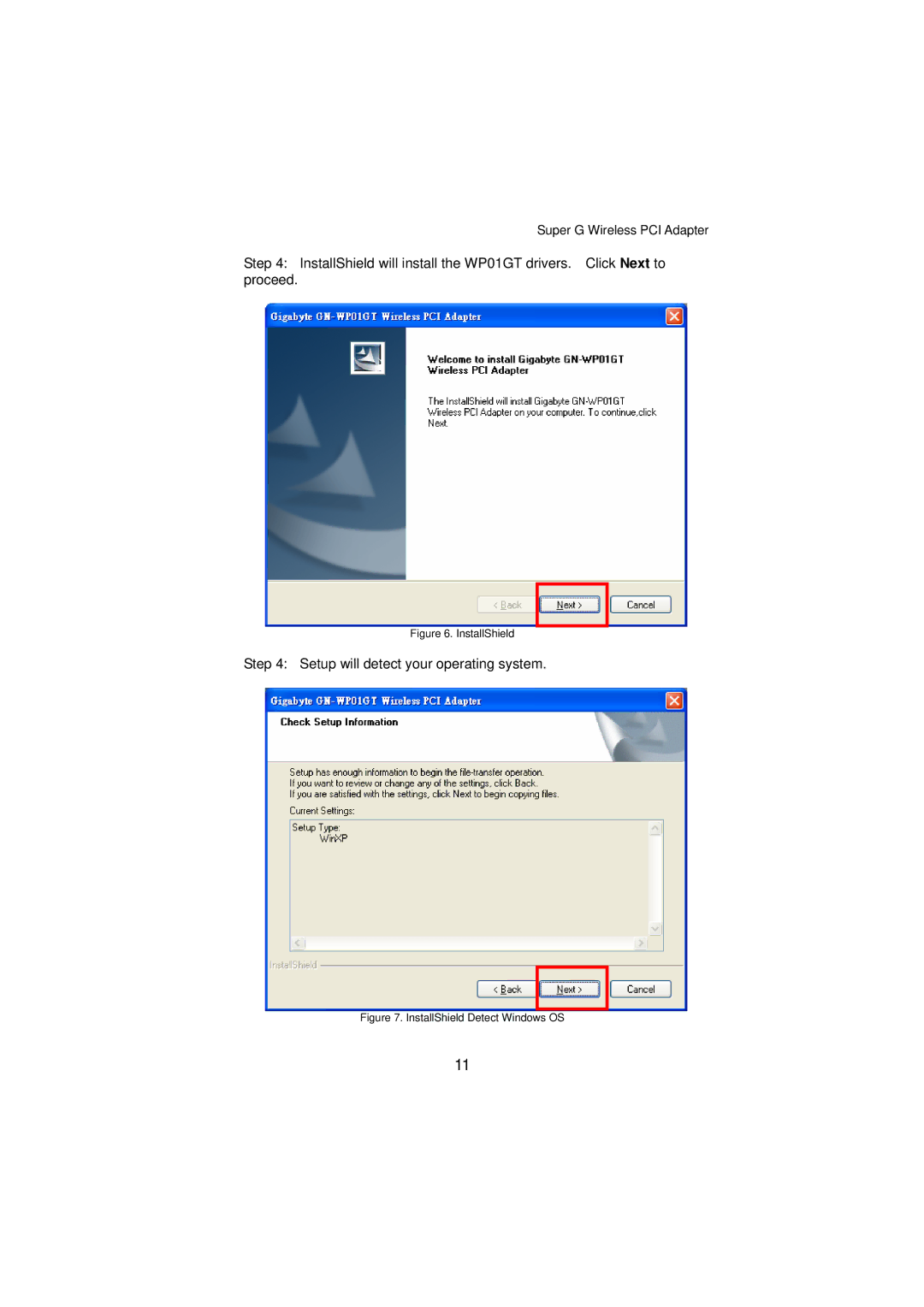 Gigabyte GN-WP01GT manual Setup will detect your operating system 