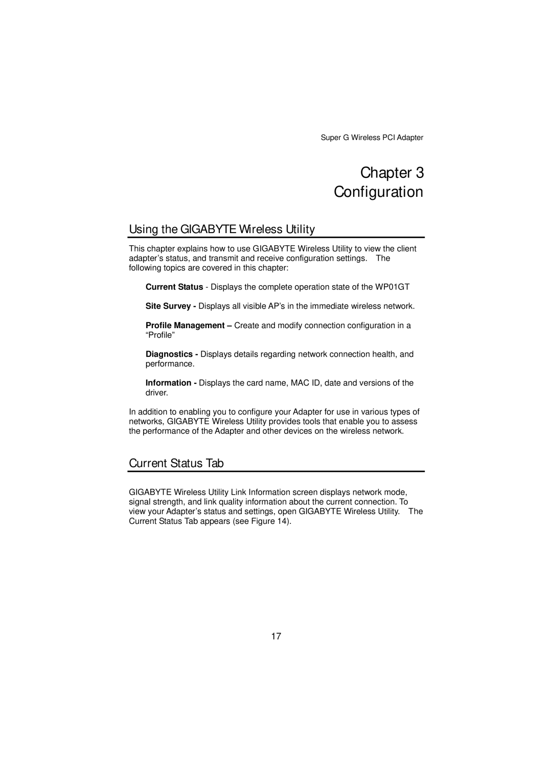 Gigabyte GN-WP01GT manual Chapter Configuration, Using the Gigabyte Wireless Utility, Current Status Tab 