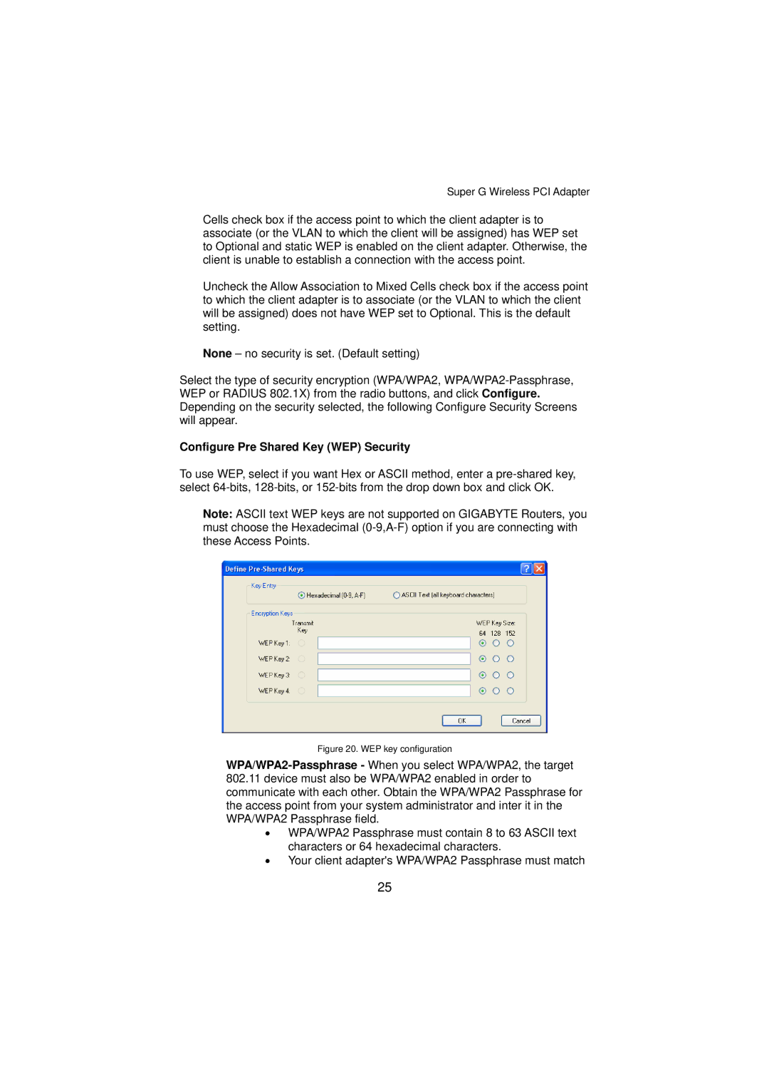 Gigabyte GN-WP01GT manual Configure Pre Shared Key WEP Security, WEP key configuration 