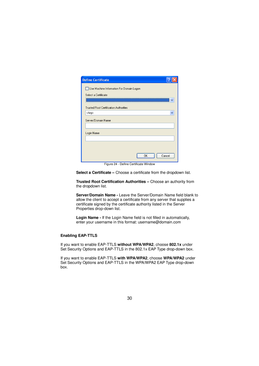 Gigabyte GN-WP01GT manual Enabling EAP-TTLS, Define Certificate Window 