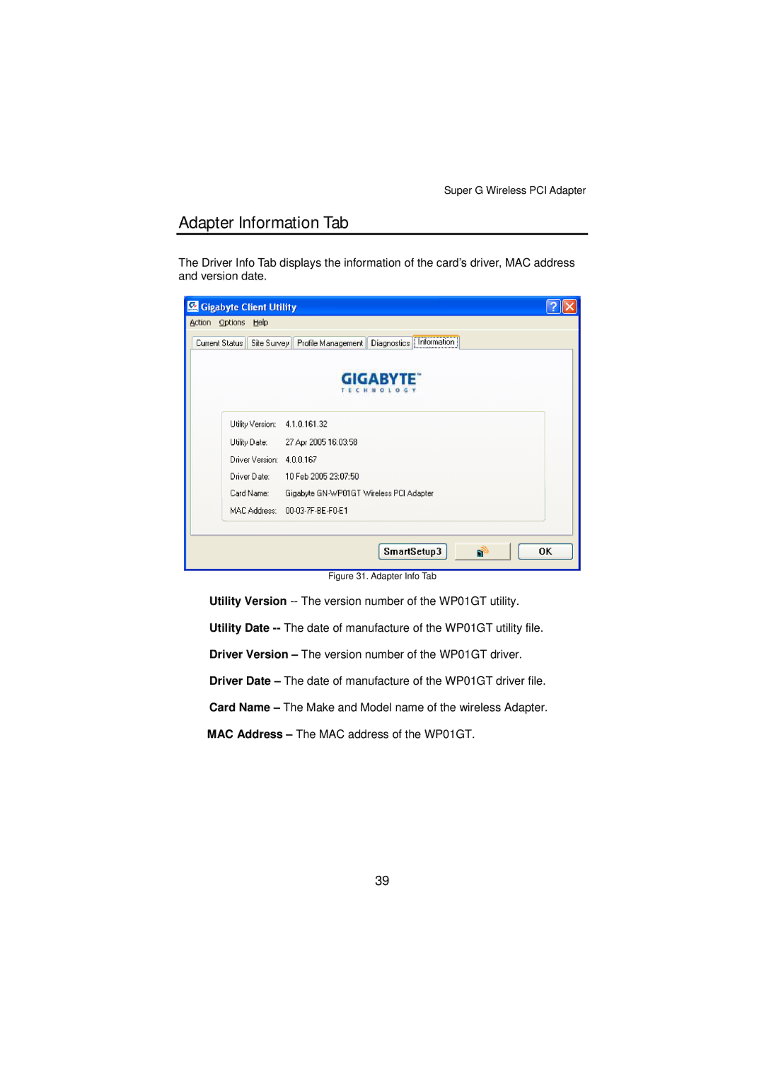 Gigabyte GN-WP01GT manual Adapter Information Tab, Adapter Info Tab 