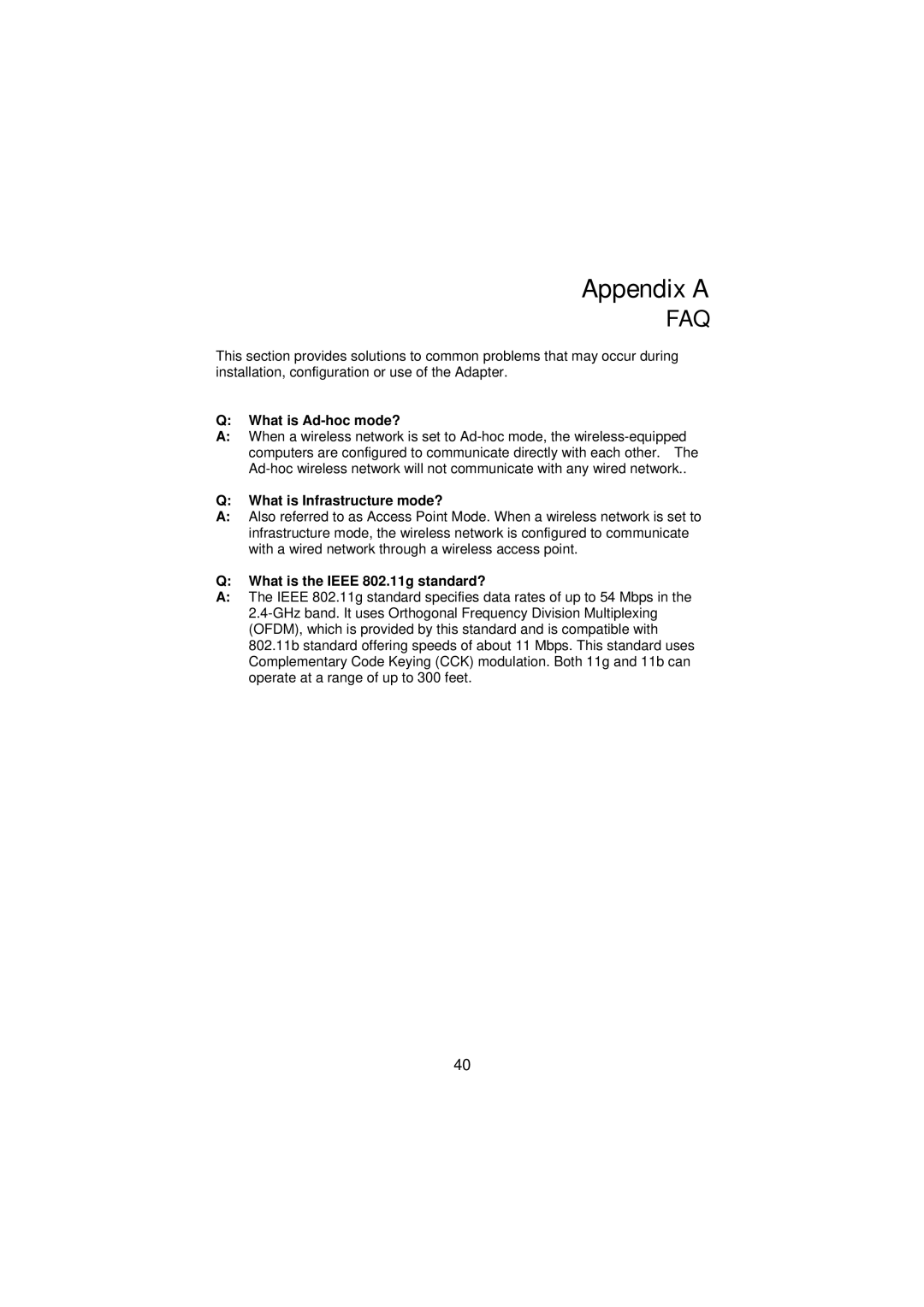 Gigabyte GN-WP01GT Appendix a, What is Ad-hoc mode?, What is Infrastructure mode?, What is the Ieee 802.11g standard? 