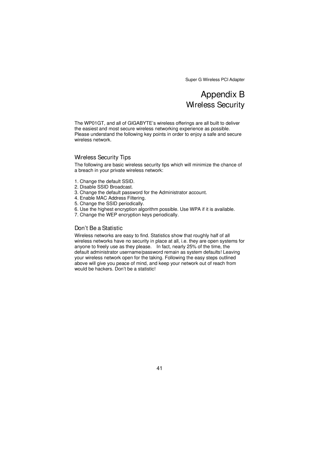 Gigabyte GN-WP01GT manual Appendix B, Wireless Security 