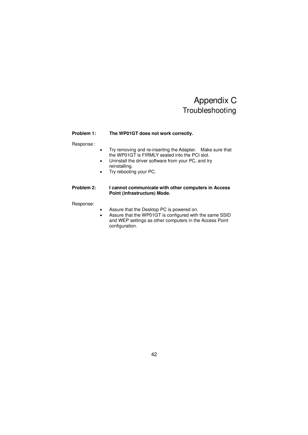 Gigabyte GN-WP01GT manual Appendix C, Troubleshooting, Problem 1 The WP01GT does not work correctly 