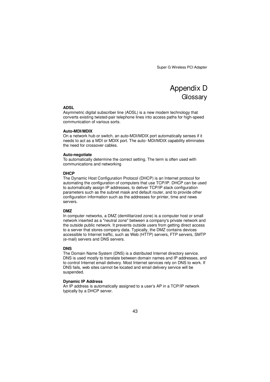 Gigabyte GN-WP01GT manual Appendix D, Glossary, Auto-MDI/MDIX, Auto-negotiate, Dynamic IP Address 