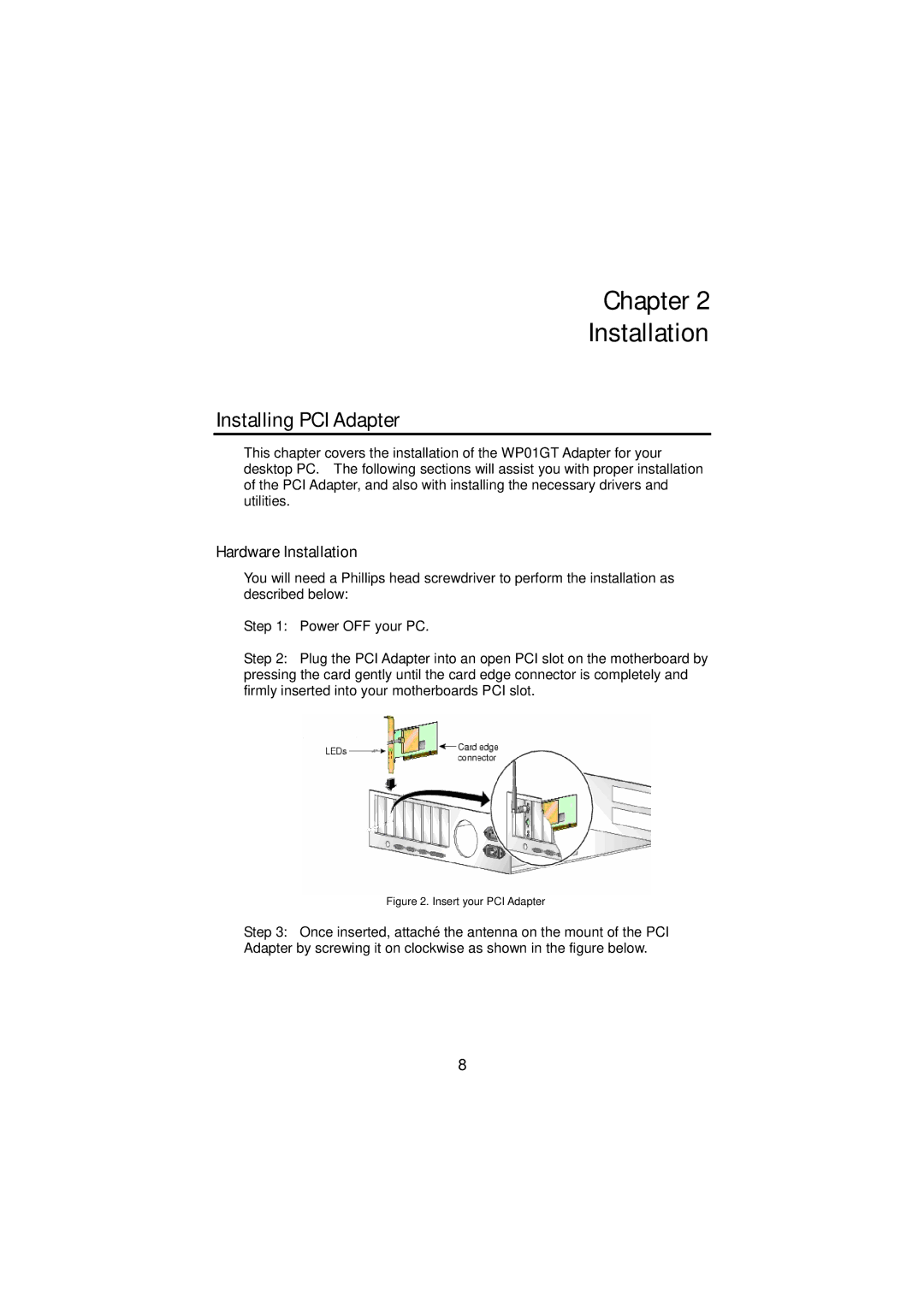 Gigabyte GN-WP01GT manual Chapter Installation, Installing PCI Adapter 