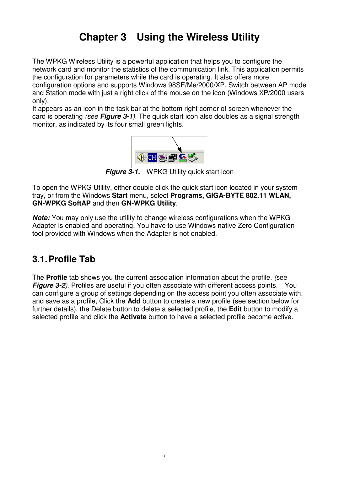 Gigabyte GN-WPKG user manual Using the Wireless Utility, Profile Tab 