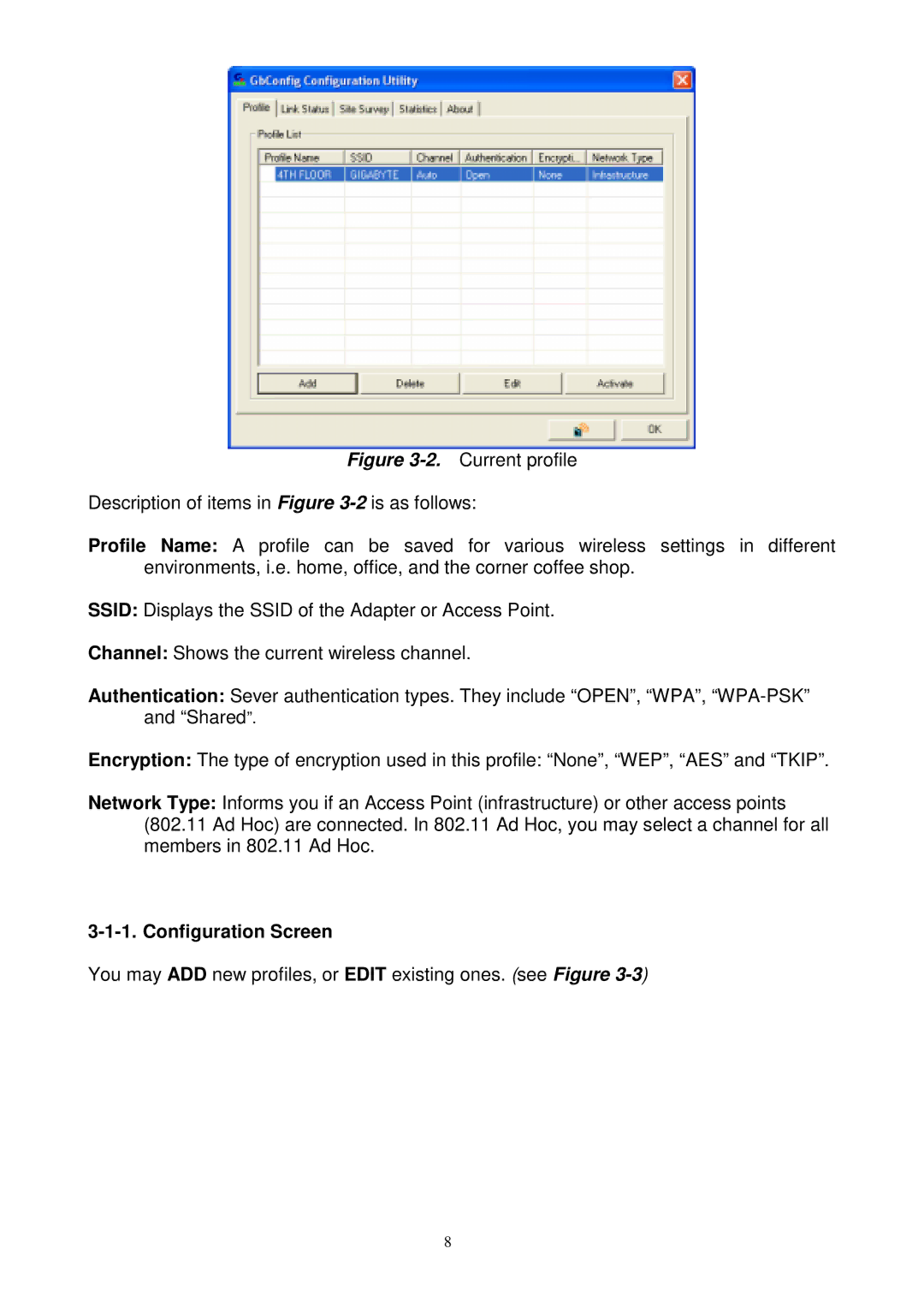 Gigabyte GN-WPKG user manual Configuration Screen 