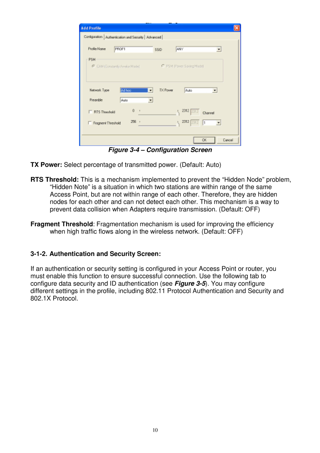 Gigabyte GN-WPKG user manual Configuration Screen, Authentication and Security Screen 