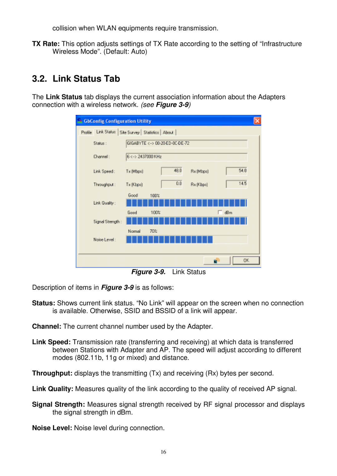 Gigabyte GN-WPKG user manual Link Status Tab 