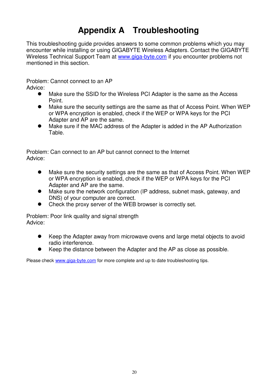 Gigabyte GN-WPKG user manual Appendix a Troubleshooting 