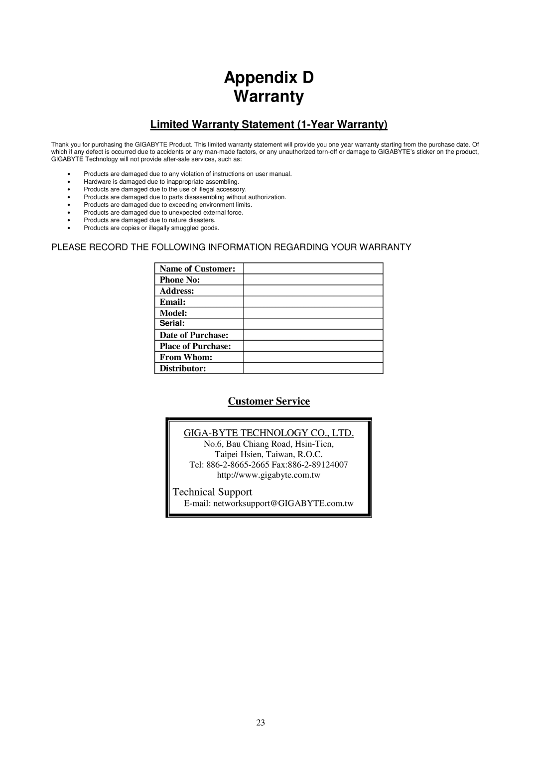 Gigabyte GN-WPKG user manual Appendix D Warranty, Limited Warranty Statement 1-Year Warranty 