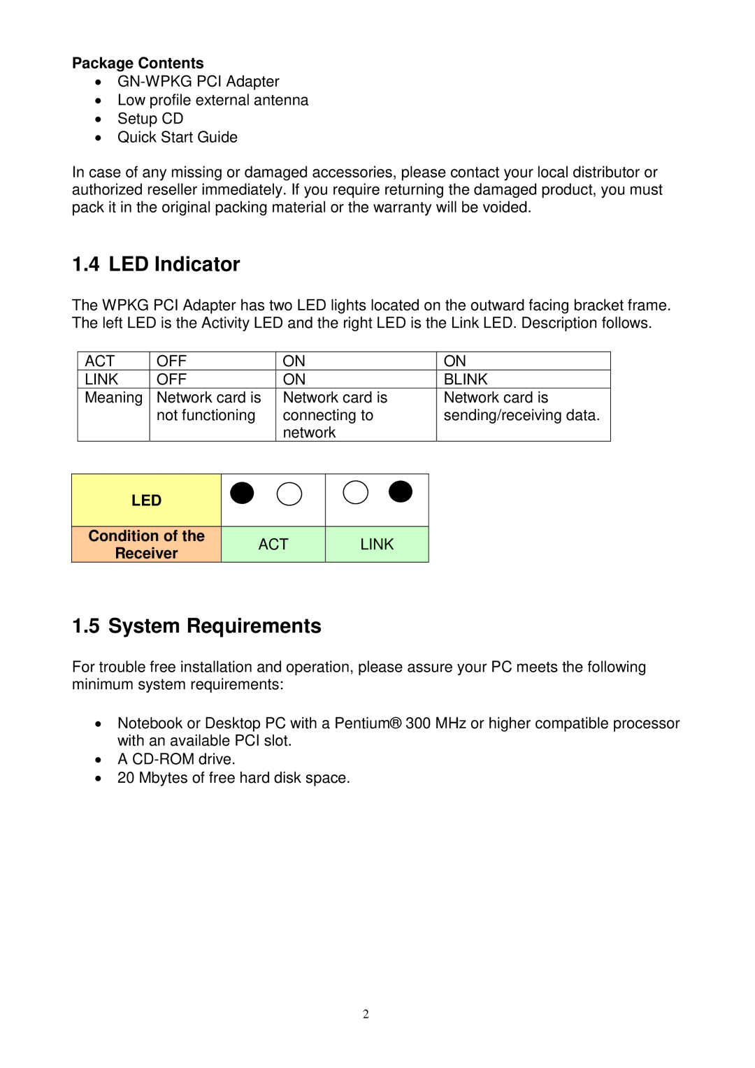 Gigabyte GN-WPKG user manual LED Indicator, System Requirements, Package Contents, Condition, Receiver 