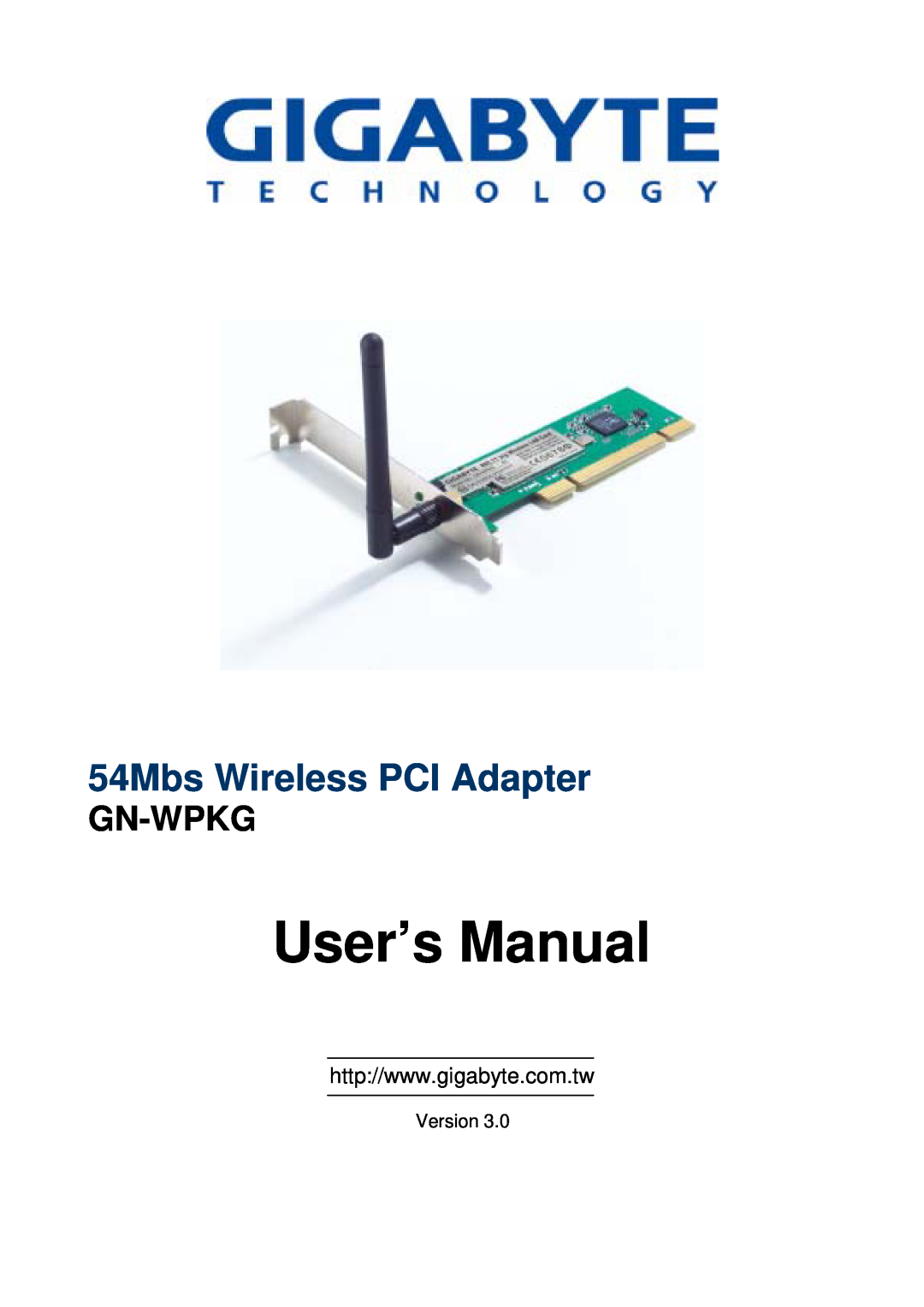 Gigabyte GN-WPKG user manual User’s Manual, 54Mbs Wireless PCI Adapter, Gn-Wpkg 