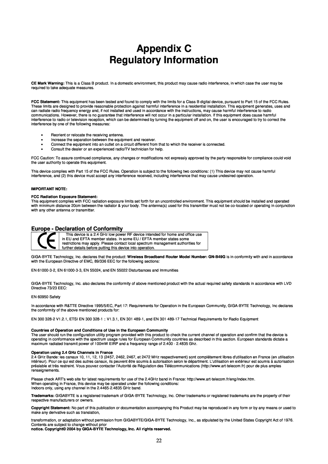 Gigabyte GN-WPKG user manual Appendix C Regulatory Information, Europe - Declaration of Conformity 