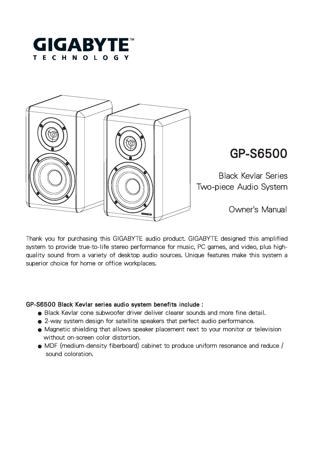 Gigabyte GP-S6500 owner manual Black Kevlar Series Two-pieceAudio System 
