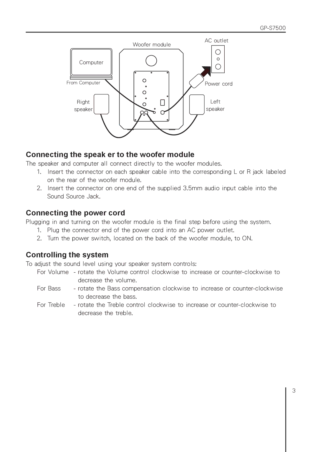 Gigabyte GP-S7500 user manual Connecting the speak er to the woofer module 