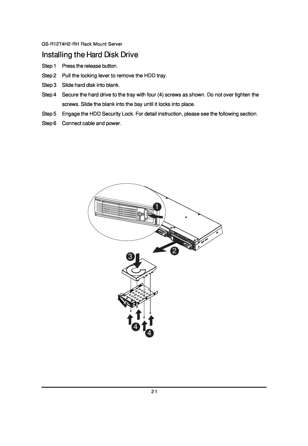 Gigabyte GS-R12T4H2-RH manual Installing the Hard Disk Drive 