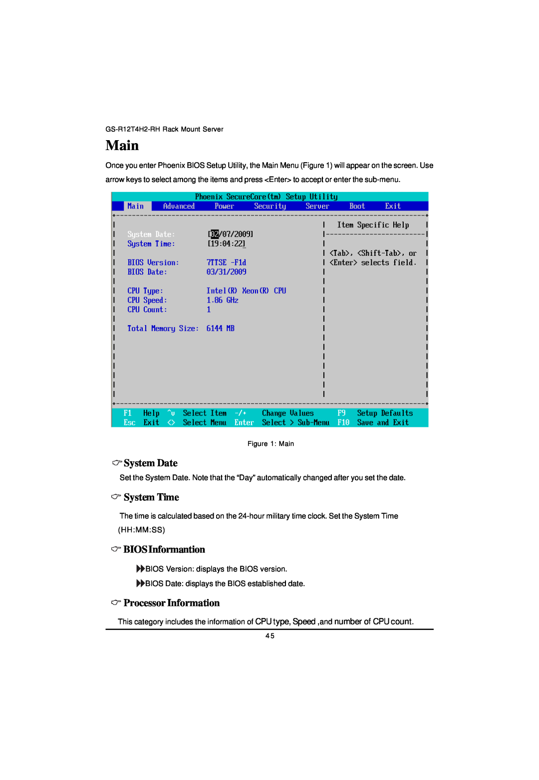 Gigabyte GS-R12T4H2-RH manual Main, System Date, System Time, BIOSInformantion, Processor Information 