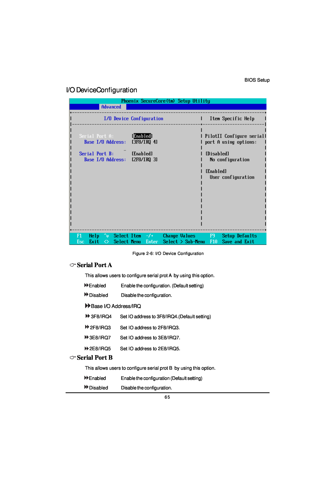 Gigabyte GS-R12T4H2-RH manual I/O DeviceConfiguration, Serial Port A, Serial Port B, Base I/O Address/IRQ 
