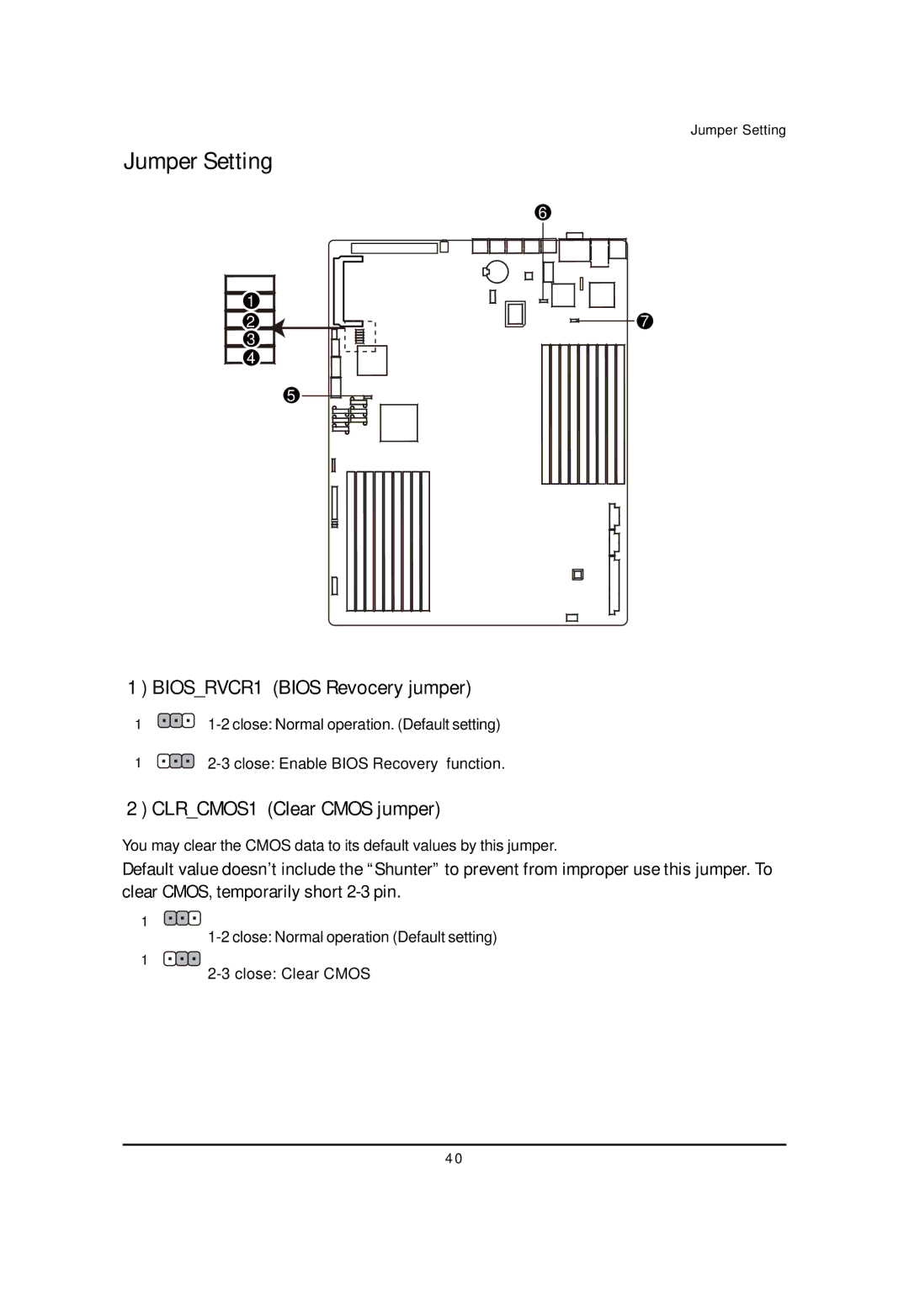 Gigabyte GS-R12T4H2-RH manual Jumper Setting, BIOSRVCR1 Bios Revocery jumper, CLRCMOS1 Clear Cmos jumper 