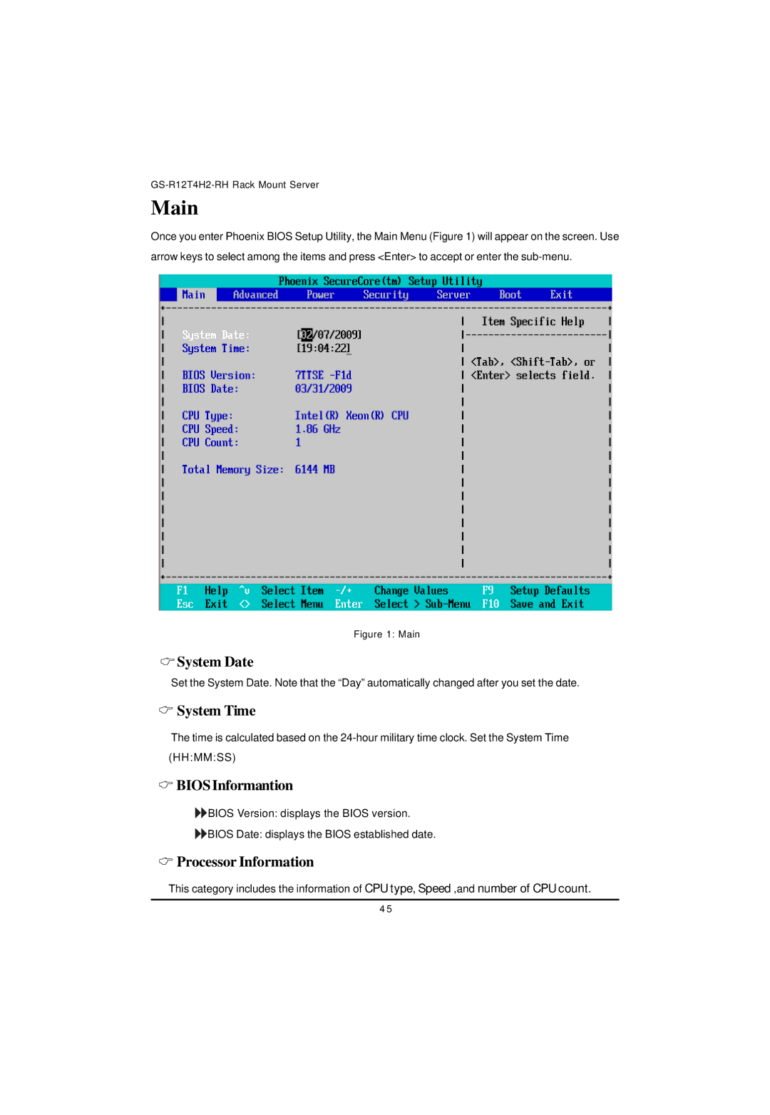 Gigabyte GS-R12T4H2-RH manual System Date, System Time, BIOSInformantion, Processor Information 