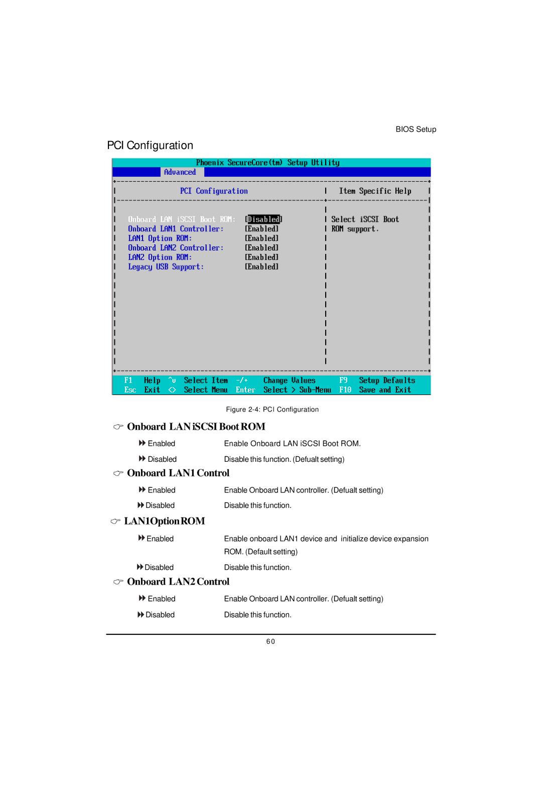 Gigabyte GS-R12T4H2-RH manual PCI Configuration, Onboard LAN iSCSI Boot ROM, Onboard LAN1 Control, LAN1OptionROM 