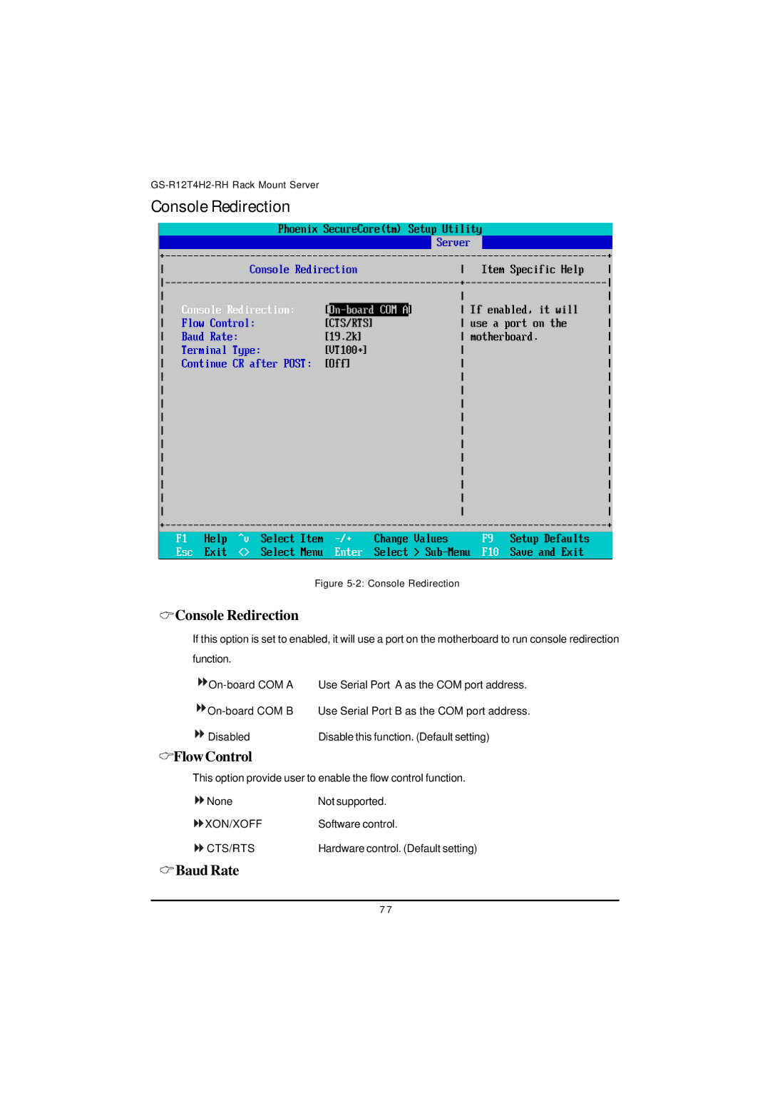 Gigabyte GS-R12T4H2-RH manual Console Redirection, FlowControl, Baud Rate 