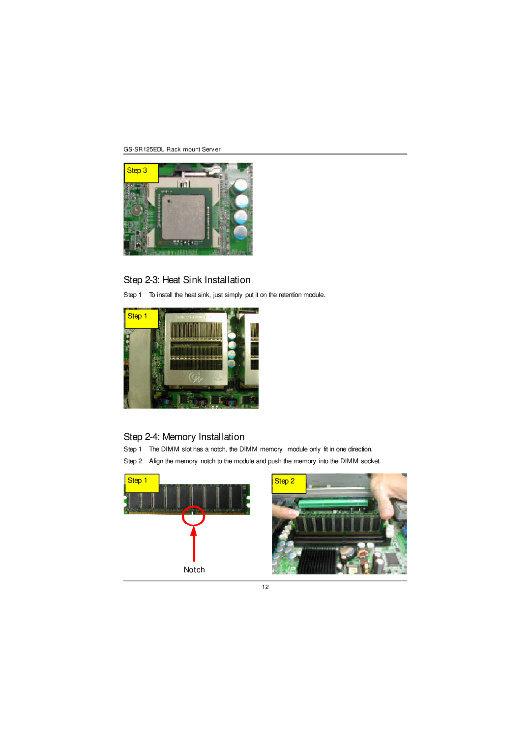 Gigabyte GS-SR125EDL user manual Heat Sink Installation, Memory Installation, Notch 