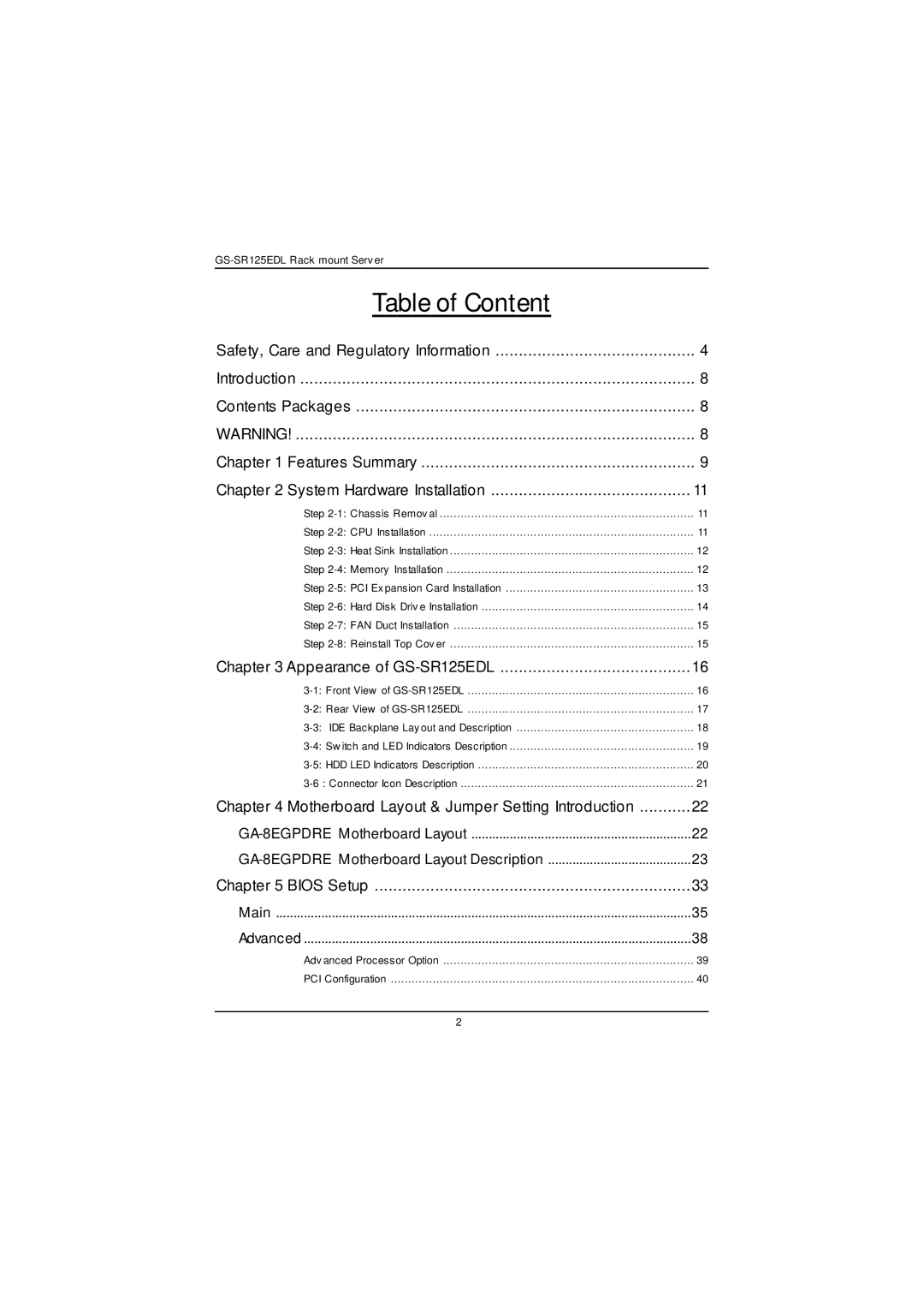 Gigabyte GS-SR125EDL user manual Table of Content 